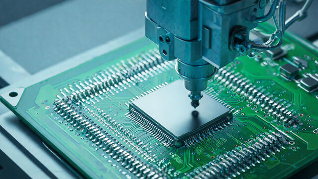 Automated robotic equipment mounts a semiconductor chip onto a printed circuit board during electronic manufacturing.