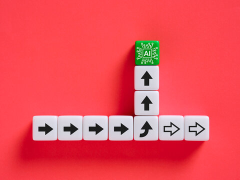 Artificial intelligence leading future innovation path upward, symbolizing AI adoption, digital transformation, new direction and innovation concept