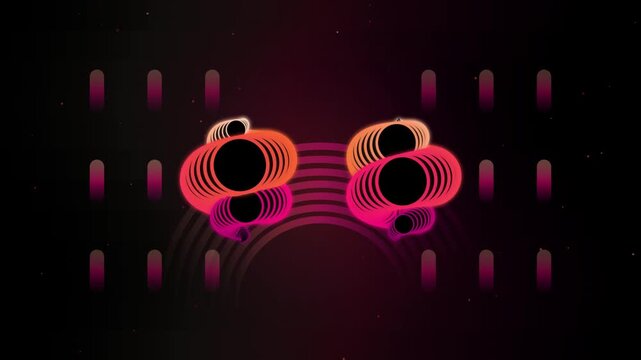 Abstract geometric motion background, glowing pink and orange neon rings on black, futuristic digital wave animation for music visuals