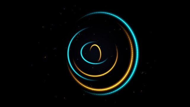 Glowing neon light trails in circular motion, abstract blue and orange spiral lines on black, futuristic motion graphics for technology backgrounds