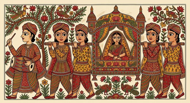 Bridal palanquin procession with drummers folk art
