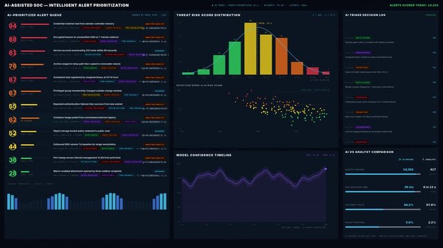 Premium dark mode AI SOC dashboard animation visualizing automated threat risk scoring, prioritized alert queue with confidence rings, and live model performance metrics in a futuristic security.