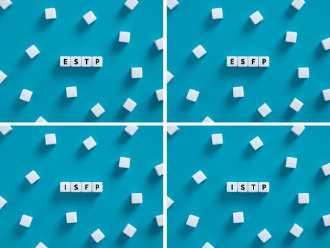 Myers Briggs personality types ESTP, ESFP, ISFP, ISTP on blue background