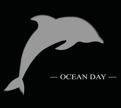 Grey dolphin silhouette jumping with Ocean Day text