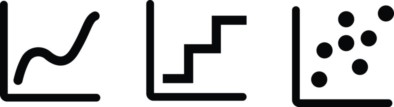 Set of three black chart icons including line and scatter plots