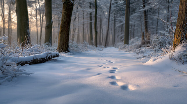 Rabbit tracks in snowy forest wildlife scene