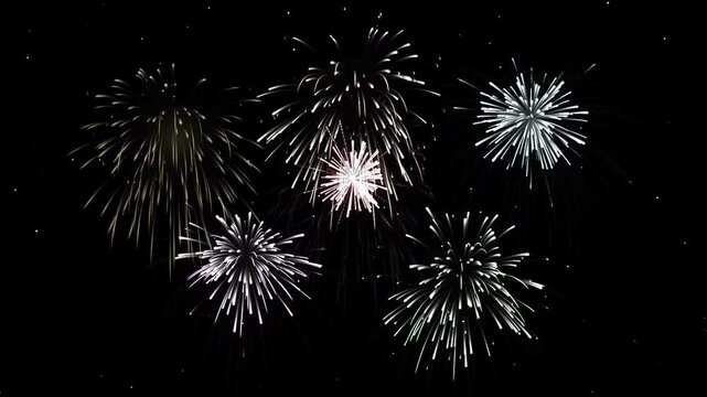 Sparkling silver fireworks display on black background, festive pyrotechnic explosions for celebration, shimmering white firework bursts for holiday events