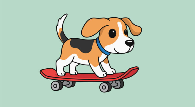Cute beagle puppy dog riding on a red skateboard, side view cartoon character vector illustration on a plain mint green background for kids.
