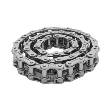 Coiled metal roller chain isolated on a transparent background for