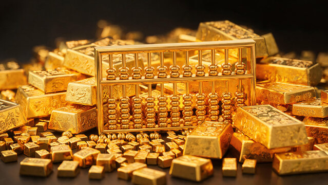 A golden abacus placed among numerous gold bars and small gold nuggets, representing wealth and finance.