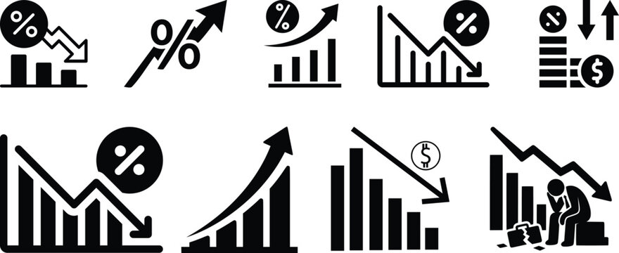 Percentage up and down arrows set indicating financial change. Vector icons, widely used in business, finance, and statistics to illustrate economic trends, interest rate changes.