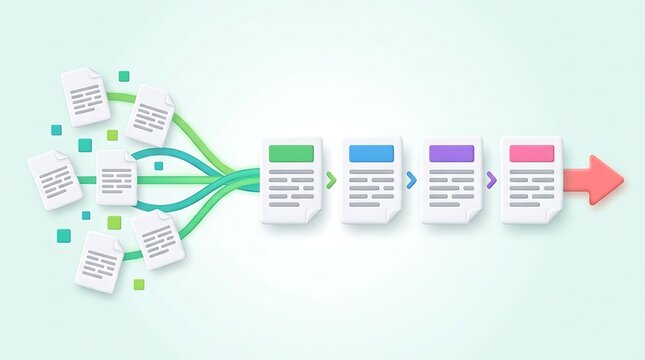Process of data transformation, multiple documents merging into streamlined workflow, digital transformation concept, abstract background.