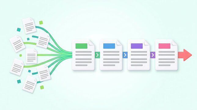 Process of data transformation, multiple documents merging into streamlined workflow, digital transformation concept, abstract background.