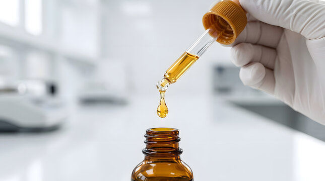 Scientist in white gloves dropping golden serum into amber glass bottle in laboratory, closeup macro shot representing skincare beauty oil formulation, medical healthcare research, clinical treatment