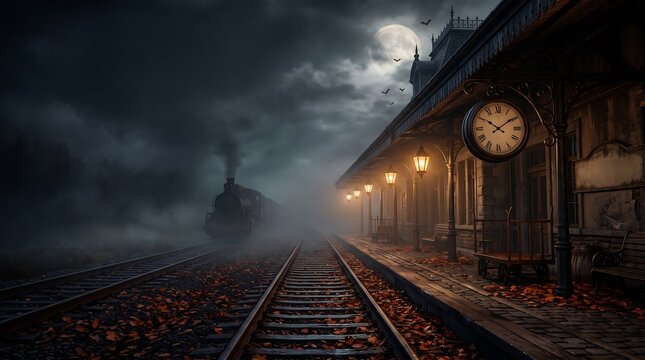 A vintage steam locomotive arriving at a dark foggy train station platform under the light of a full moon