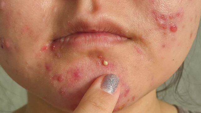 acne affected facial skin as a woman touches a painful chin pimple, symbolizing blemishes, inflammation and skincare problems.