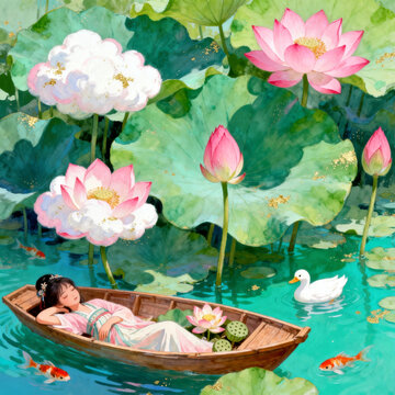 Girl in Hanfu Sleeping on Boat in Lotus Pond