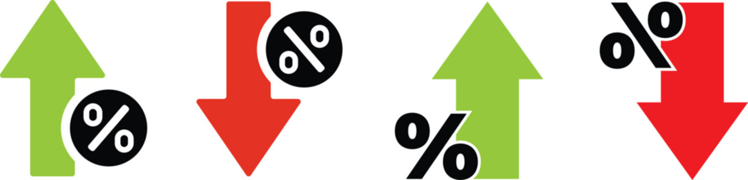 Percentage up and down arrows set indicating financial change. Vector icons, widely used in business, finance, and statistics to illustrate economic trends, interest rate changes.