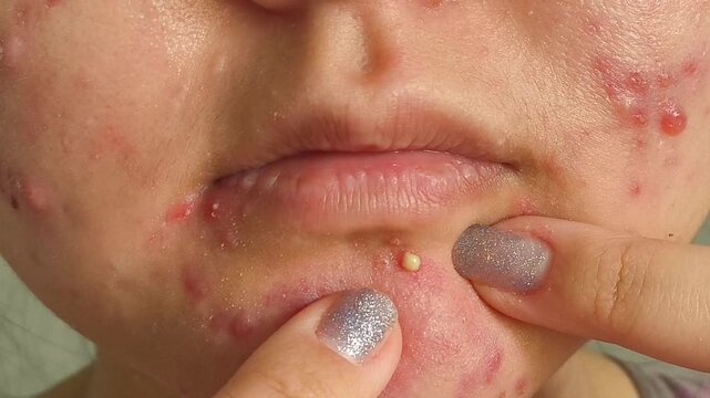 a woman squeezing a pus filled pimple on her chin, illustrating acne, facial inflammation and problematic skin.