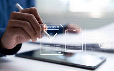 Businessman approves a digital procurement document on a virtual interface, representing purchasing...