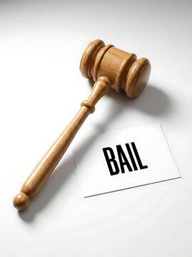 Wooden judicial gavel resting beside a white paper card with black printed word bail on an isolated light gray background symbolizing legal system justice.