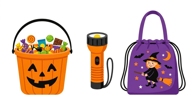 Halloween trick or treat bucket with flashlight and witch bag
