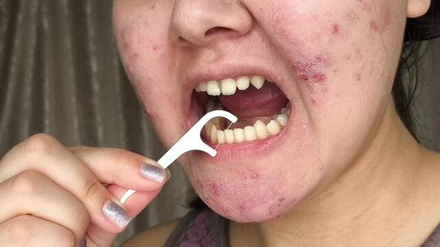 Woman cleaning between her teeth with a dental flosser, illustrating interdental hygiene and prevention of tooth decay.
