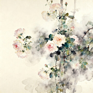 Chinese Watercolor Painting of Pink Rose Branches