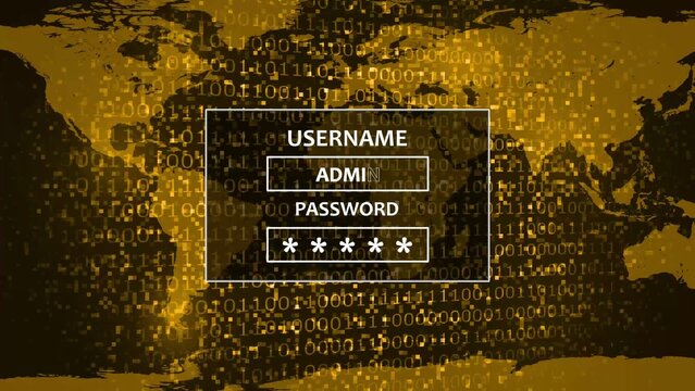 A digital map background, in gold with, binary code overlay, and a login, box with username, and password fields, for secure system access