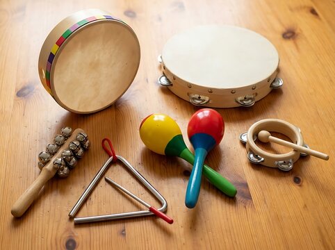 Wooden children musical percussion instruments collection featuring colorful mini tambourines red and yellow maracas shaker bells and steel triangle on table.