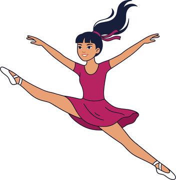 Young girl performing a split jump in a pink dress with hair flowing freely