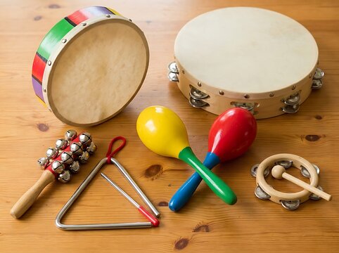 Children toy percussion instruments collection featuring striped tambourine colorful maracas shaker bells and metal triangle arranged on smooth wooden table.