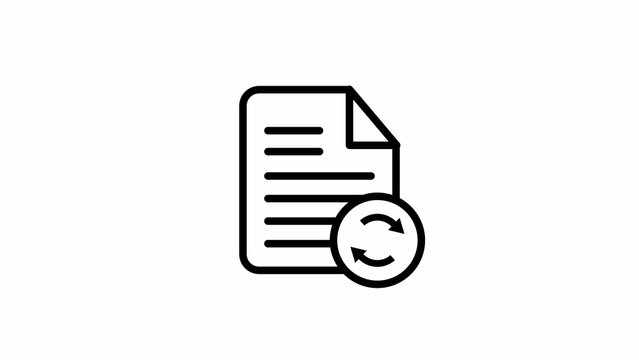 Black and white line icon of a document file with a circular refresh or reload symbol, representing data synchronization and updates