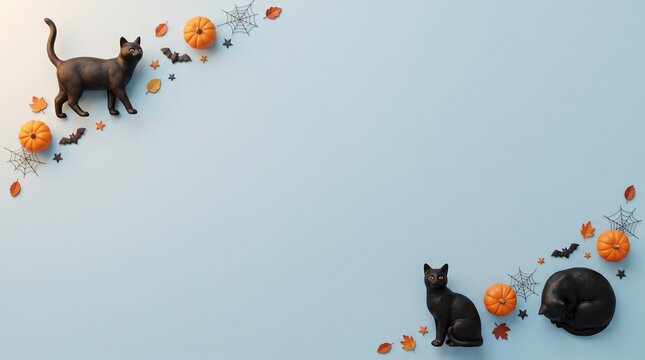 Minimalist halloween banner featuring cute black cats and small orange pumpkins on a soft light blue background