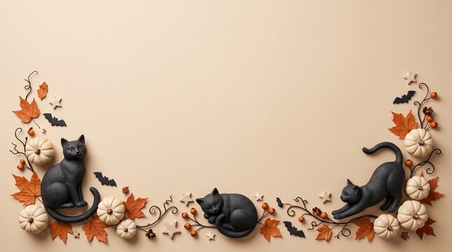 Festive halloween banner featuring black cats and autumn pumpkins on a light beige background for seasonal holiday design