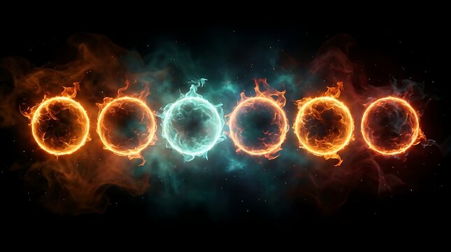 Row of six glowing elemental fire portals with five orange flame rings and one central blue magical energy ring burning brightly against a dark backdrop.