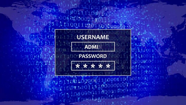 Digital login screen with username admin and password field displayed over a blue background, with a glowing, map and binary, code data