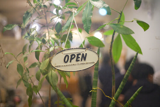 Vintage wooden open sign hanging on glass door surrounded by lush houseplants with soft interior bokeh lights in a cozy restaurant entrance setting.