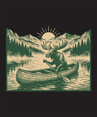 Fototapeta premium Moose paddling a canoe on a mountain lake, vintage green and cream vector illustration for outdoor adventure branding