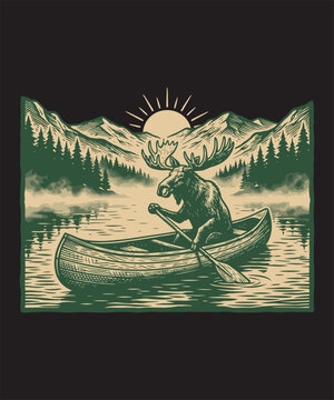 Moose paddling a canoe on a mountain lake, vintage green and cream vector illustration for outdoor adventure branding