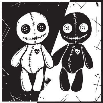 Black and white voodoo dolls holding hands with button eyes and stitched smiles.