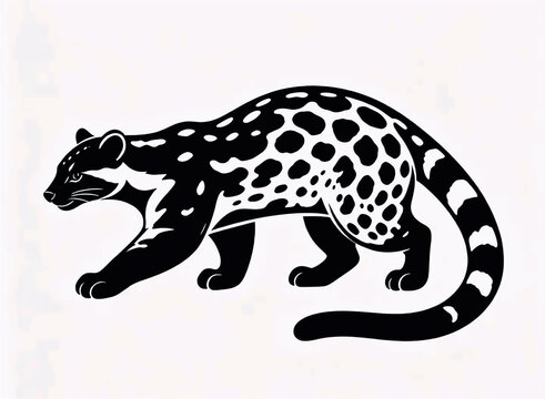 Stylized black and white graphic of a clouded leopard in walking pose with distinctive spotted patterns and long tail