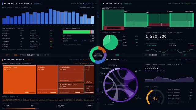 Enterprise log monitoring dashboard animation in dark mode featuring authentication, network, endpoint, and cloud event visualizations with real-time data metrics and color-coded quadrants.