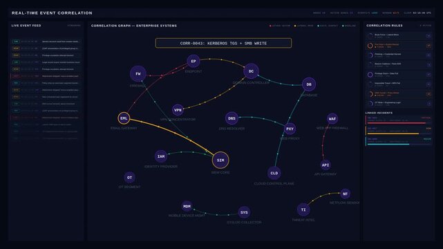 Cinematic 4K real-time event correlation dashboard showing suspicious activity connections across enterprise security systems with animated node graph.