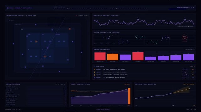Futuristic dark-mode SIEM dashboard visualizing AI-driven security analytics, network topology maps, anomaly detection alerts, and predictive threat intelligence for corporate infrastructure in 4K.