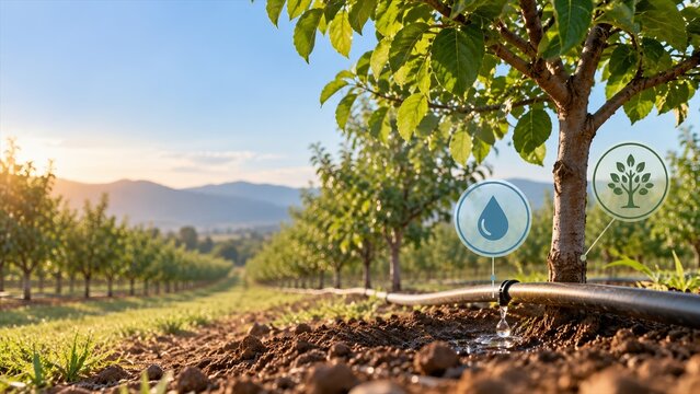 Smart precision drip irrigation system watering fruit orchard trees at sunny golden hour sunset for sustainable farming practice