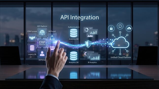 Cloud api integration software architecture diagram shows secure digital data flow between multiple enterprise systems.