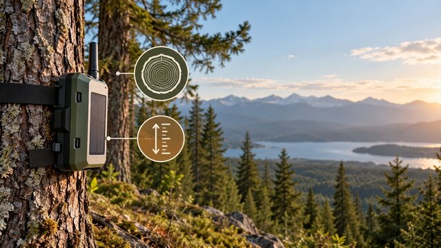 Smart tree sensor monitoring device attached to bark for forestry data collection and wildlife research in mountain landscapes