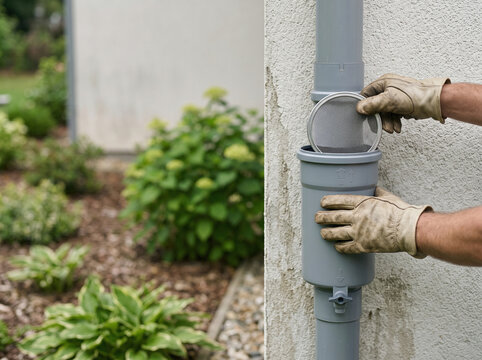 Installing Rainwater Downspout Filter on House Gutter Pipe