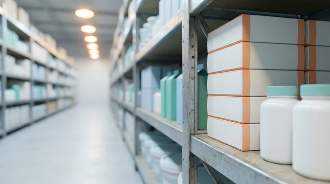 Warehouse shelves stacked with boxes and bottles, suggesting product inventory and distribution for logistics and supply chain management, featuring blue, white, and orange packaging.